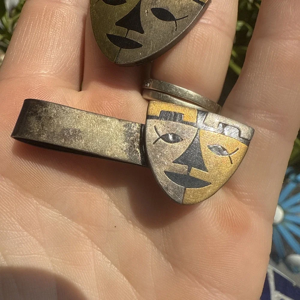 Vintage MCM‎ 1950 Mexican Sterling Mask Face Cool Cuff Links & Tie Clip